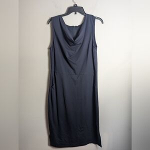 Betabrand Dress W Pockets Drape Neck Sleeveless Navy Stretchy Travel Comfy Offic